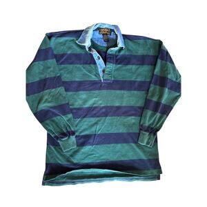Vtg Eddie Bauer Green Navy Horizontal Striped Denim Collar M Long Sleeve Rugby